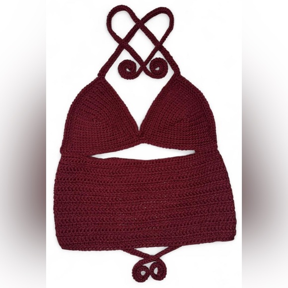 Tops - Burgundy Crochet Halter Top